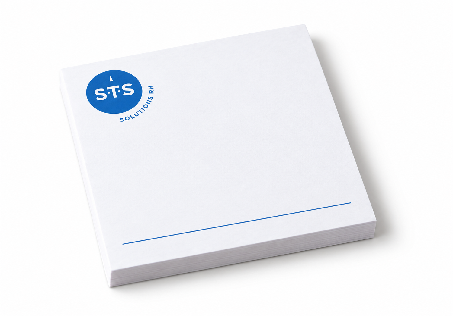 Notes repositionnables avec personnalisation STS — Papier blanc · logo et filet bleus