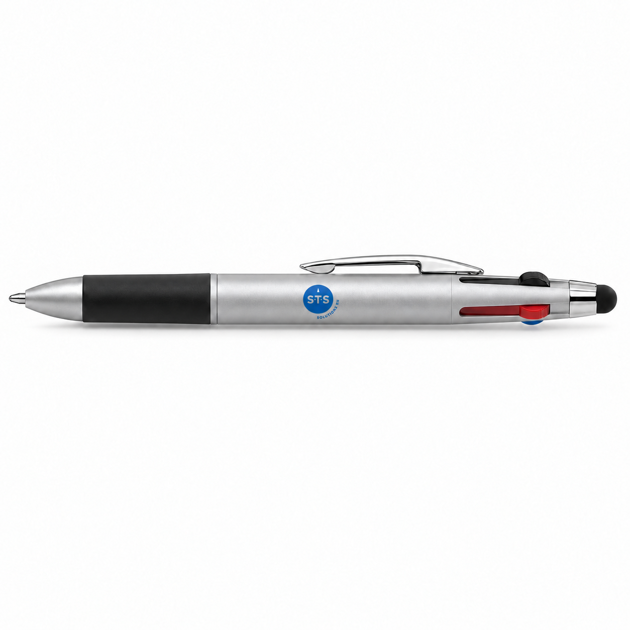 Stylo quatre couleurs Quattro avec personnalisation STS — Argent · logo bleu