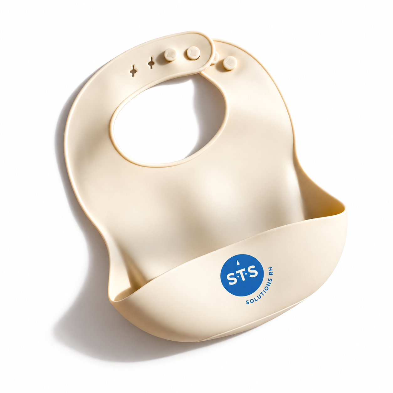 Bavoir SOREVO avec personnalisation STS — Silicone beige · logo bleu