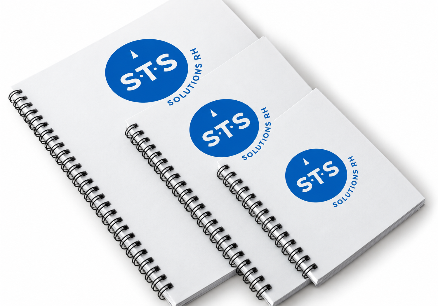 Carnets à spirale avec personnalisation STS — Couvertures blanches · logo bleu